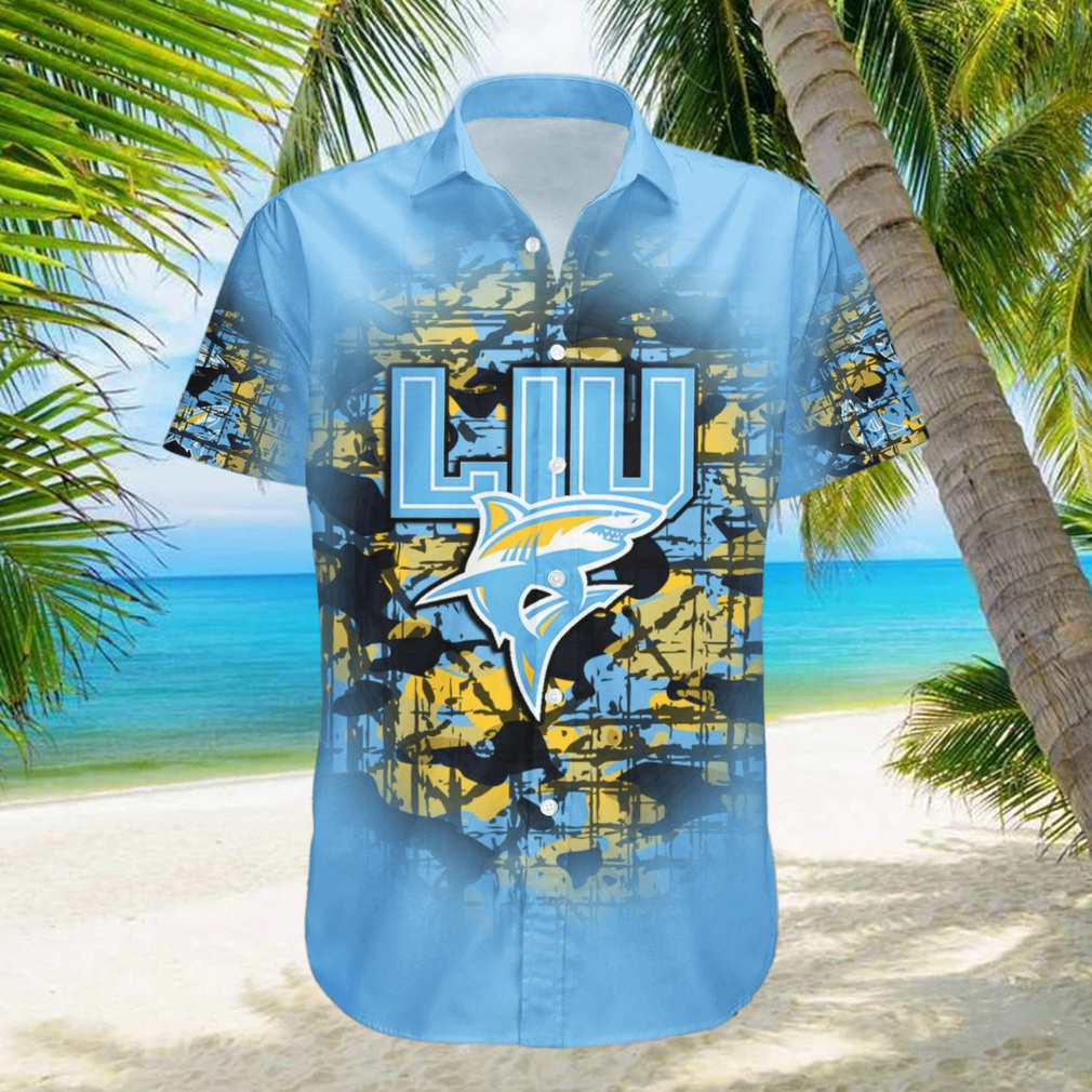 LIU Sharks Hawaiian Shirt Camouflage NCAA Summer Custom Number hawaiian shirt - Limotees