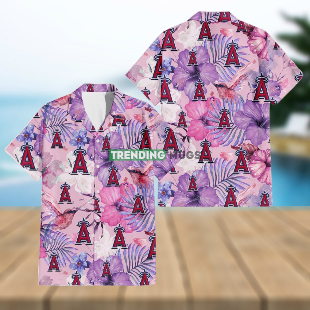 Los Angeles Angels White Purple Hibiscus Pink Hummingbird Pink Background 3D Hawaiian Shirt - Limotees