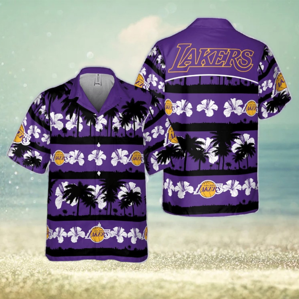 Los Angeles Lakers White Hibiscus Flower On Purple Background Print Hawaiian Shirt - Limotees