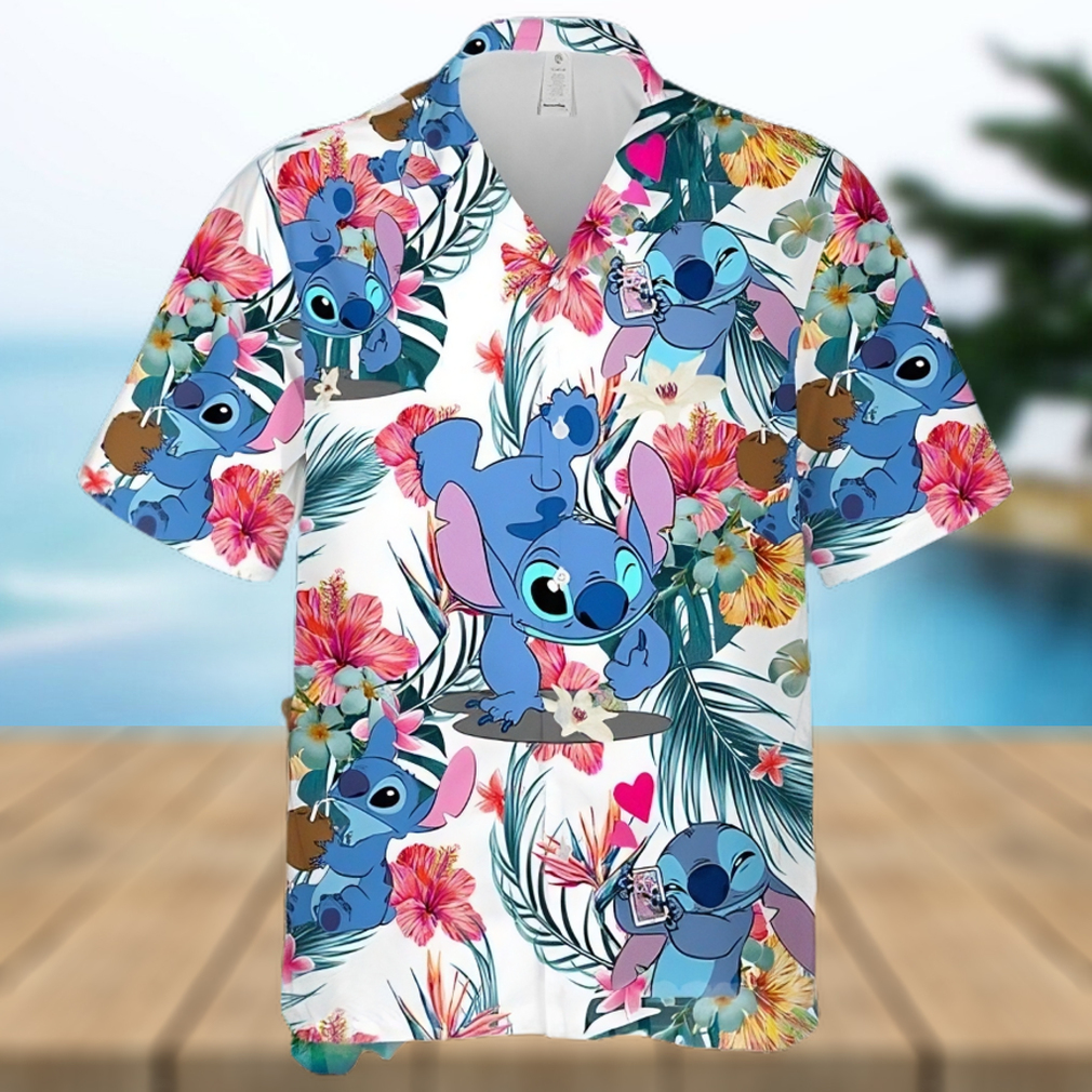 Lovely Stitch Disney Cartoon Graphics Red Hibiscus All Over Print Hawaiian Shirt - Limotees