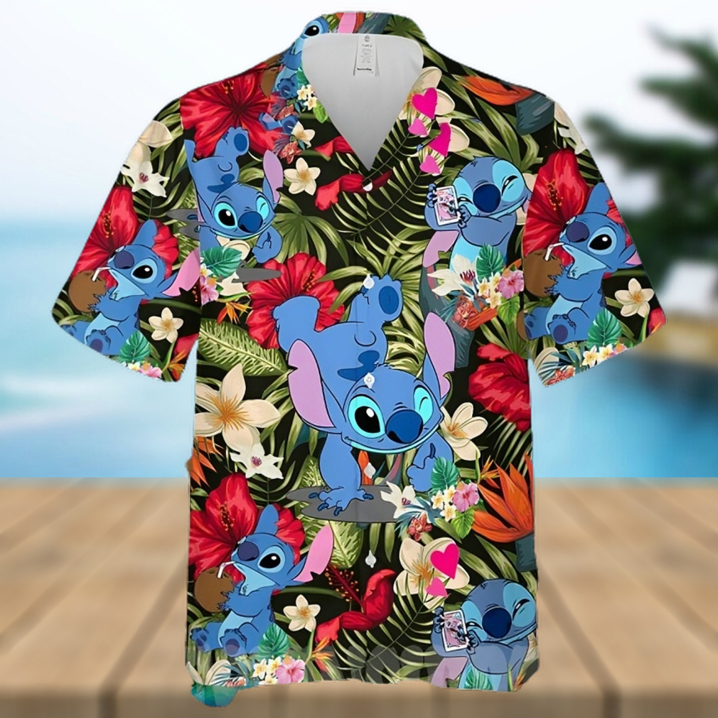 Lovely Stitch Disney Cartoon Graphics Red Hibiscus All Over Print Hawaiian Shirtt - Limotees