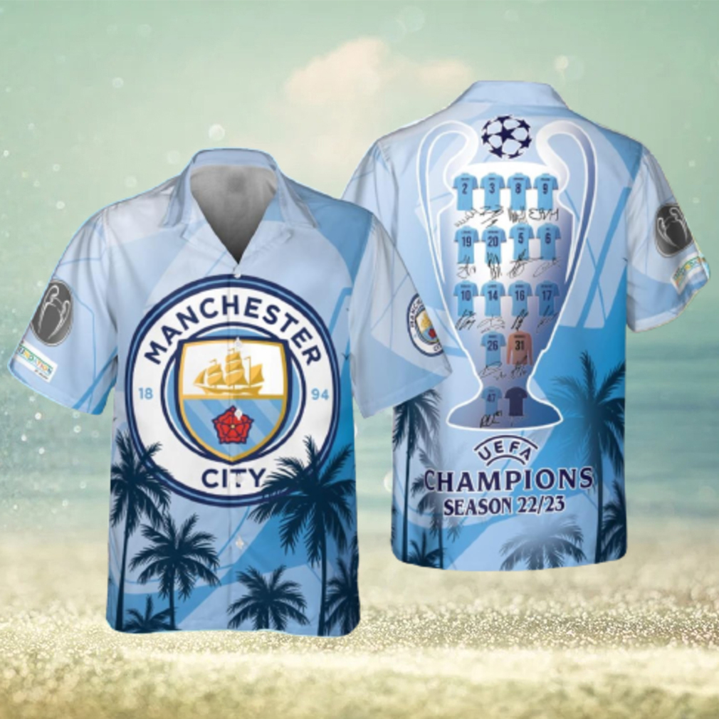 Manchester City Uefa Champion League Tropical Pattern Print Hawaiian Shirt - Limotees