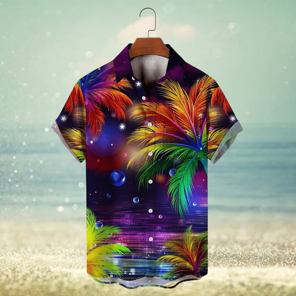 Men s Hawaiian Coconut Tree Sunset Landscape Vacation Button Down Shirt Plus Size Trendy Tee - Limotees