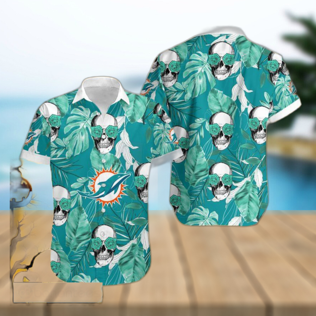 Miami Dolphins Coconut Leaves Skull With Rose Eyes Halloween Hawaiian Shirt - Limotees