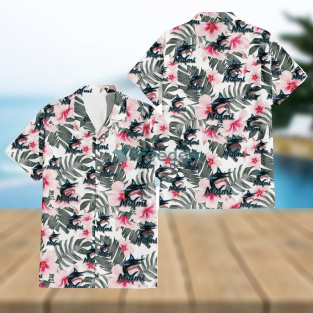 Miami Marlins White Hibiscus Green Leaf White Background 3D Hawaiian Shirt Gift For Fans - Limotees