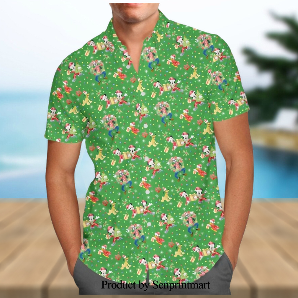 Mickey And Friends Christmas Celebration Disney Cartoon Graphics Inspired Full Printing Hawaiian Shirt – Green - Limotees