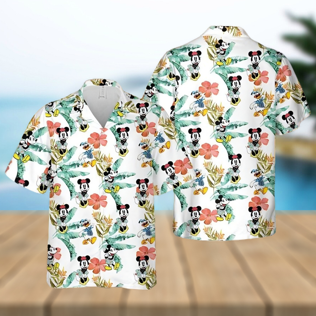 Mickey Minnie And Donald Vacation Disney Cartoon Graphics Tropical Hibiscus Full Printing Hawaiian Shirt – White - Limotees