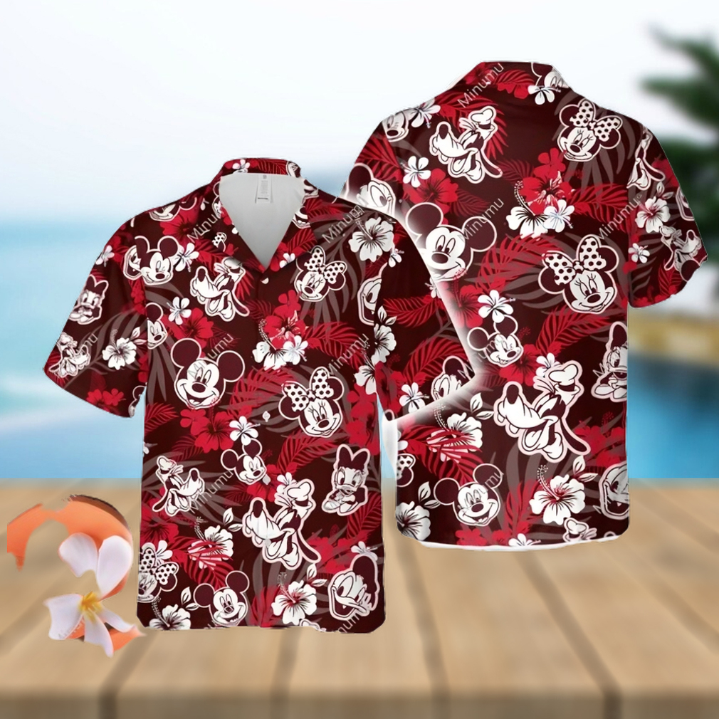 Mickey Minnie Mouse Donald Daisy Duck Goofy Dog Disney White Hibiscus Aloha Full Printing Hawaiian Shirt - Limotees