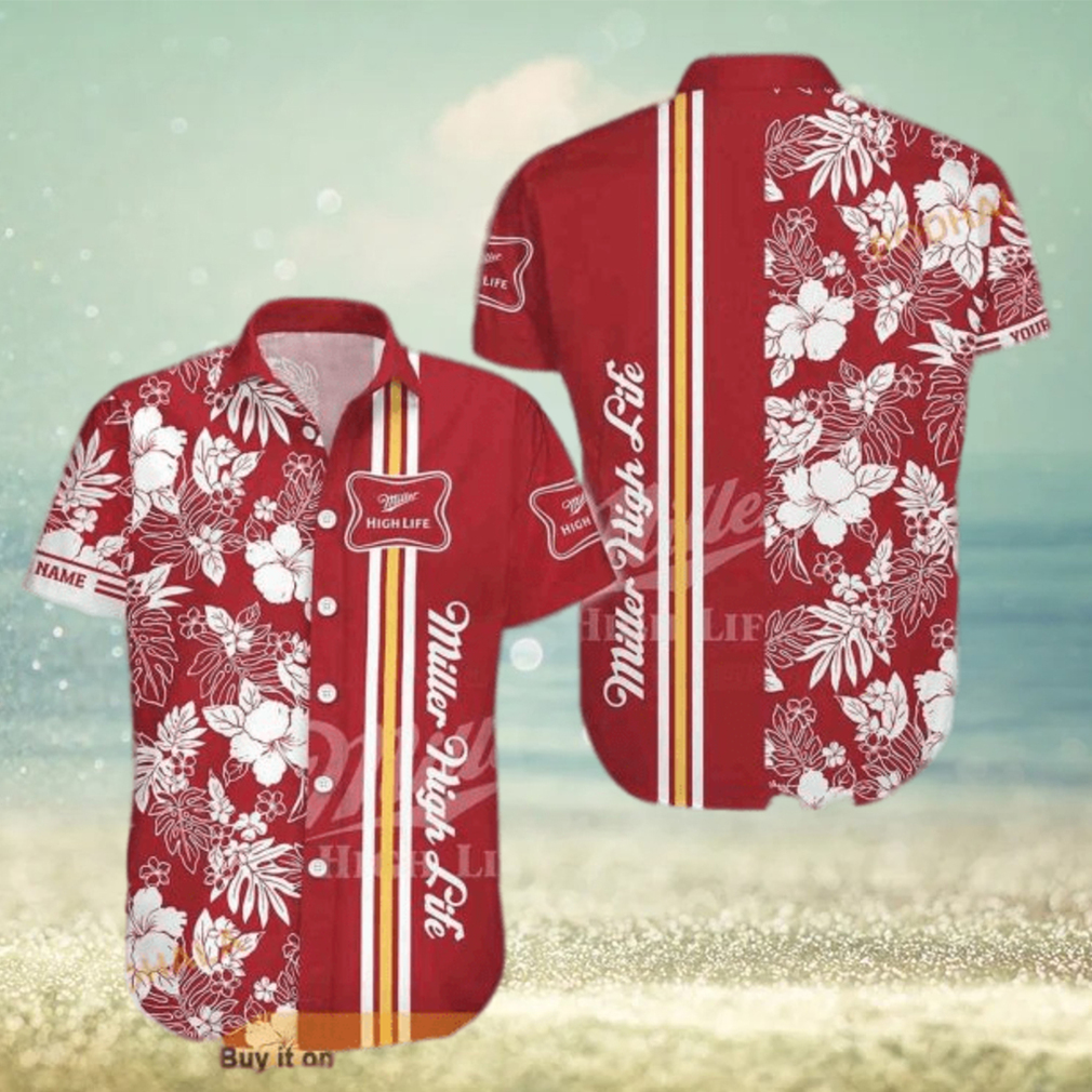 Miller High Life Funny Hawaiian Shirt White Flowers Stripes Gift For Beach Lovers - Limotees