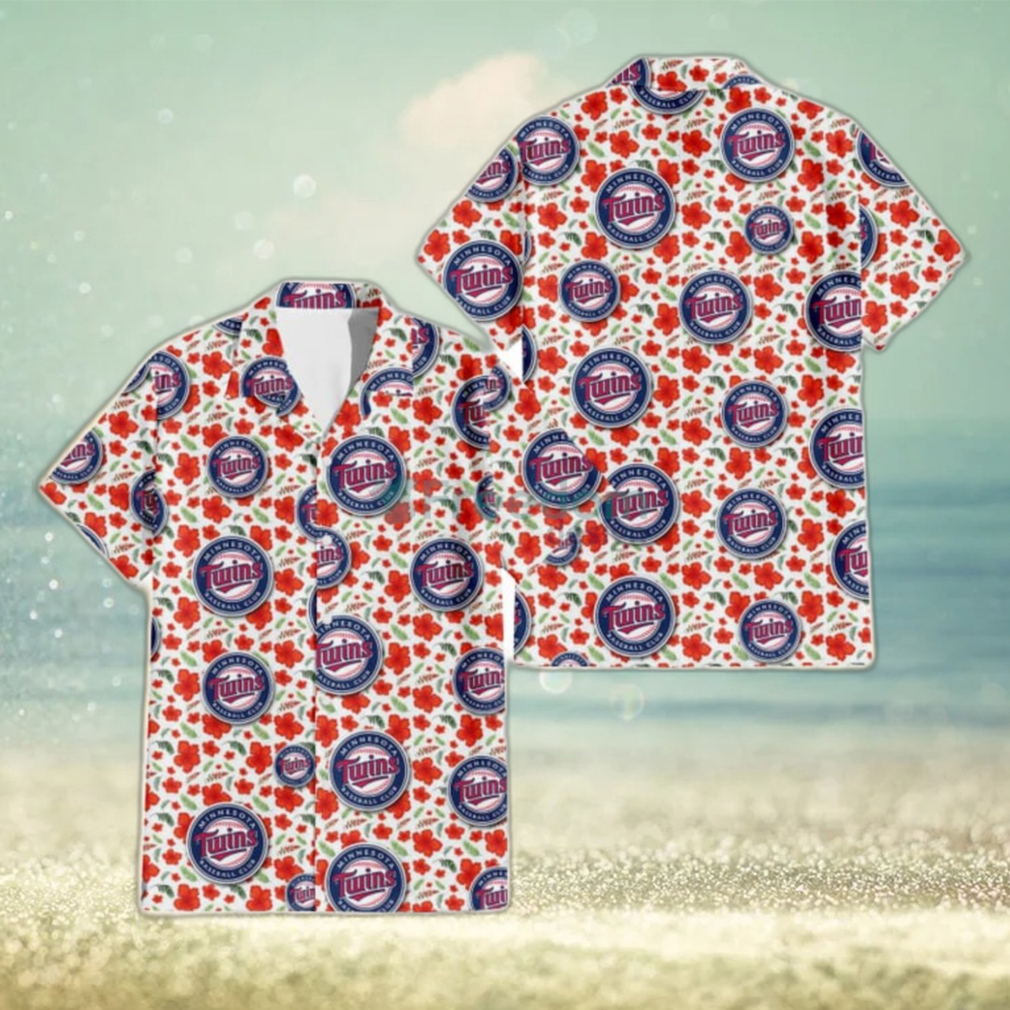 Minnesota Twins Tiny Red Hibiscus Green Leaf White Cube Background 3D Hawaiian Shirt Gift For Fans - Limotees