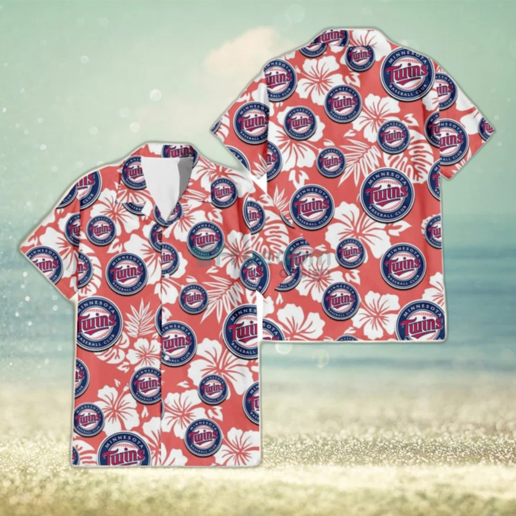 Minnesota Twins White Hibiscus Salmon Background 3D Hawaiian Shirt Gift For Fans - Limotees