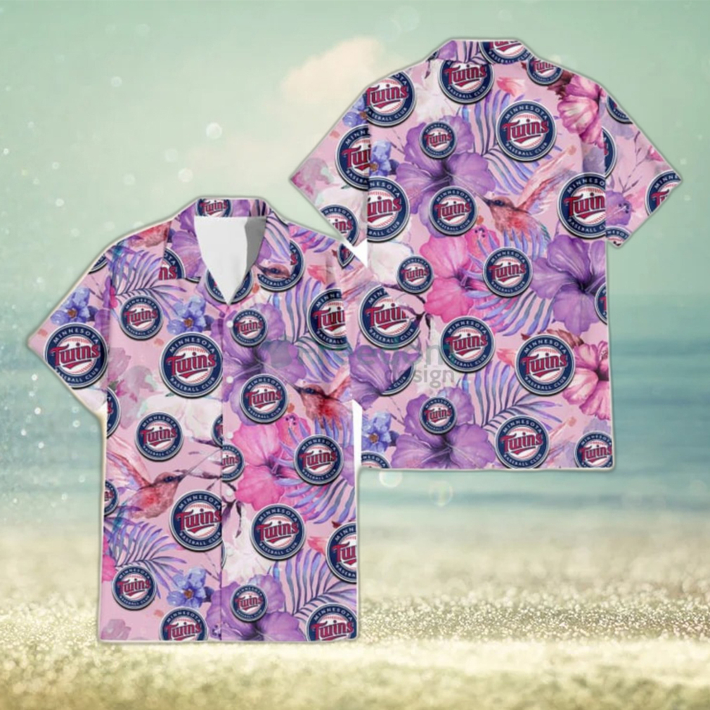 Minnesota Twins White Purple Hibiscus Pink Hummingbird Pink Background 3D Hawaiian Shirt Gift For Fans - Limotees