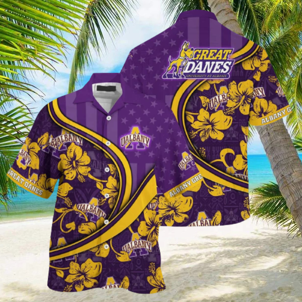 NCAA Albany Great Danes Hawaiian Shirt US Flag Flower Custom Name hawaiian shirt - Limotees