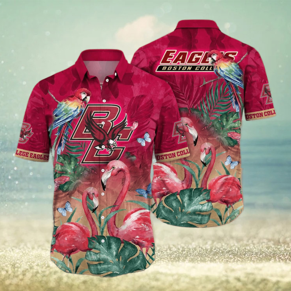 NCAA Boston College Eagles Hawaiian Shirt Pink Flamingo And Palm Leaves - Limotees