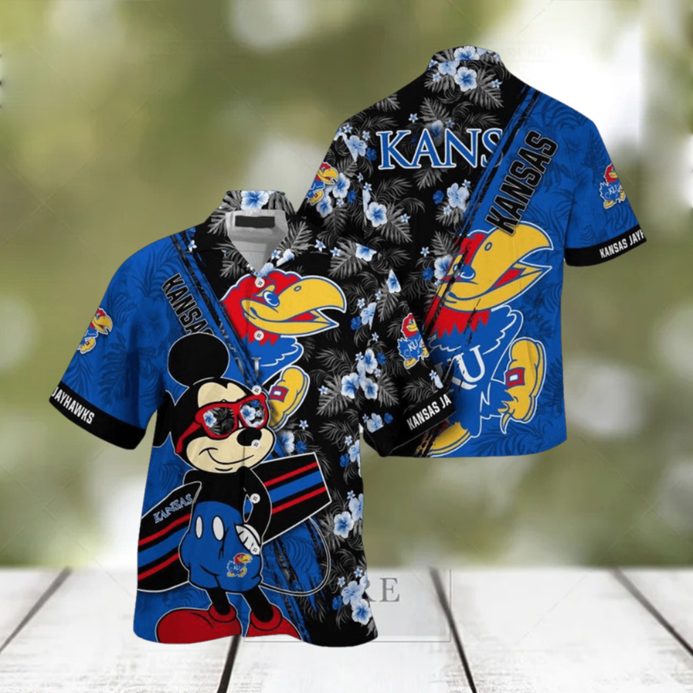 NCAA Kansas Jayhawks Hawaiian Shirt Mickey And Floral Pattern - Limotees