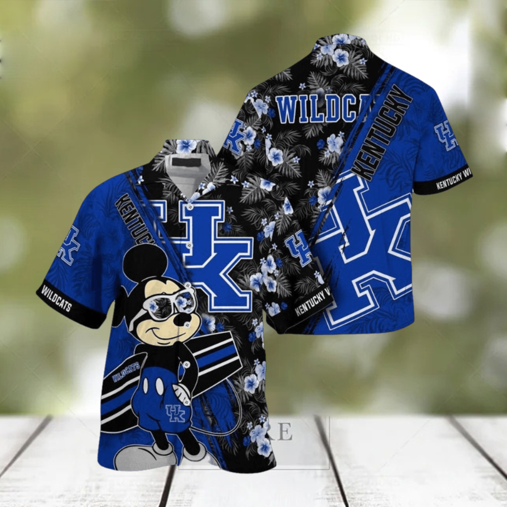 NCAA Kentucky Wildcats Hawaiian Shirt Mickey And Floral Pattern - Limotees