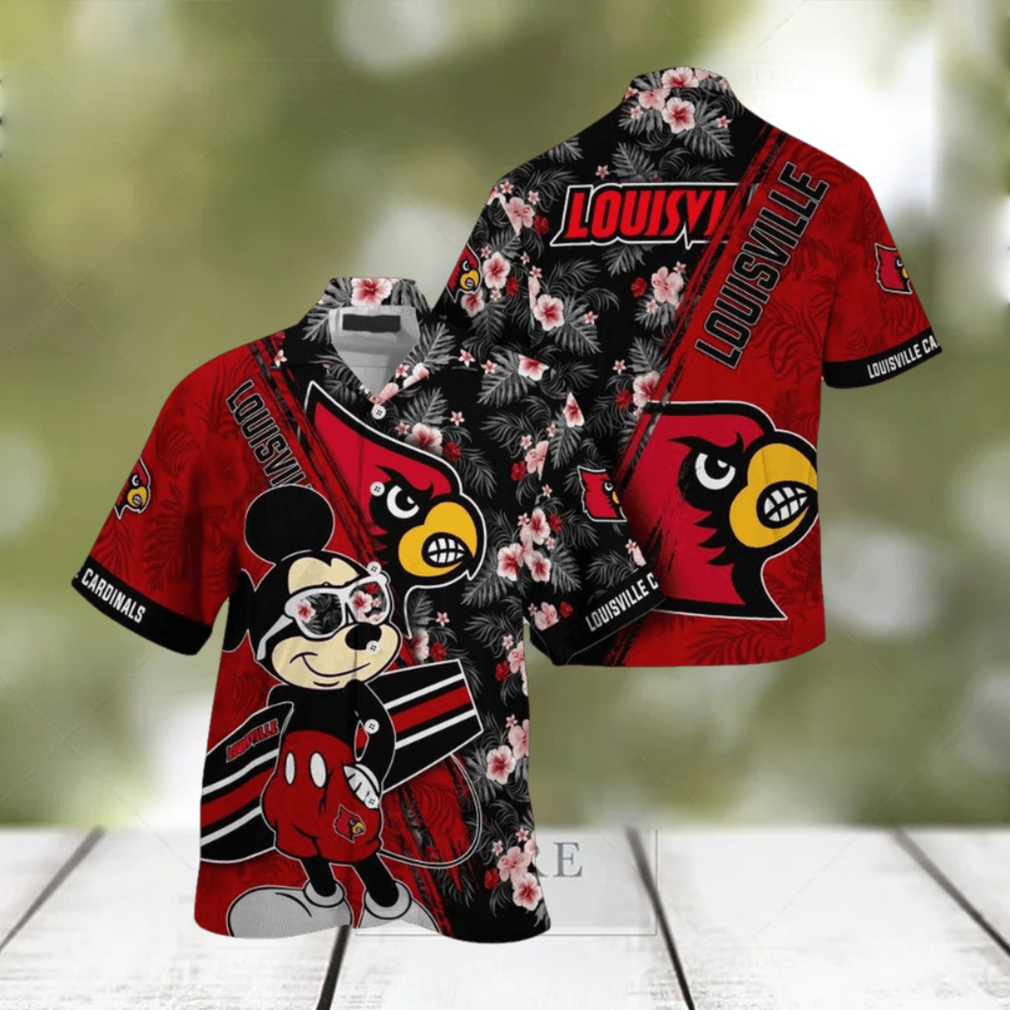 NCAA Louisville Cardinals Hawaiian Shirt Mickey And Floral Pattern - Limotees