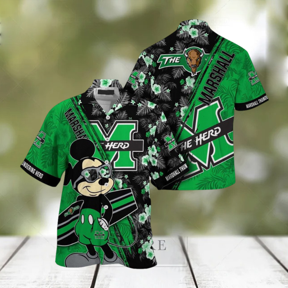 NCAA Marshall Thundering Herd Hawaiian Shirt Mickey And Floral Pattern - Limotees