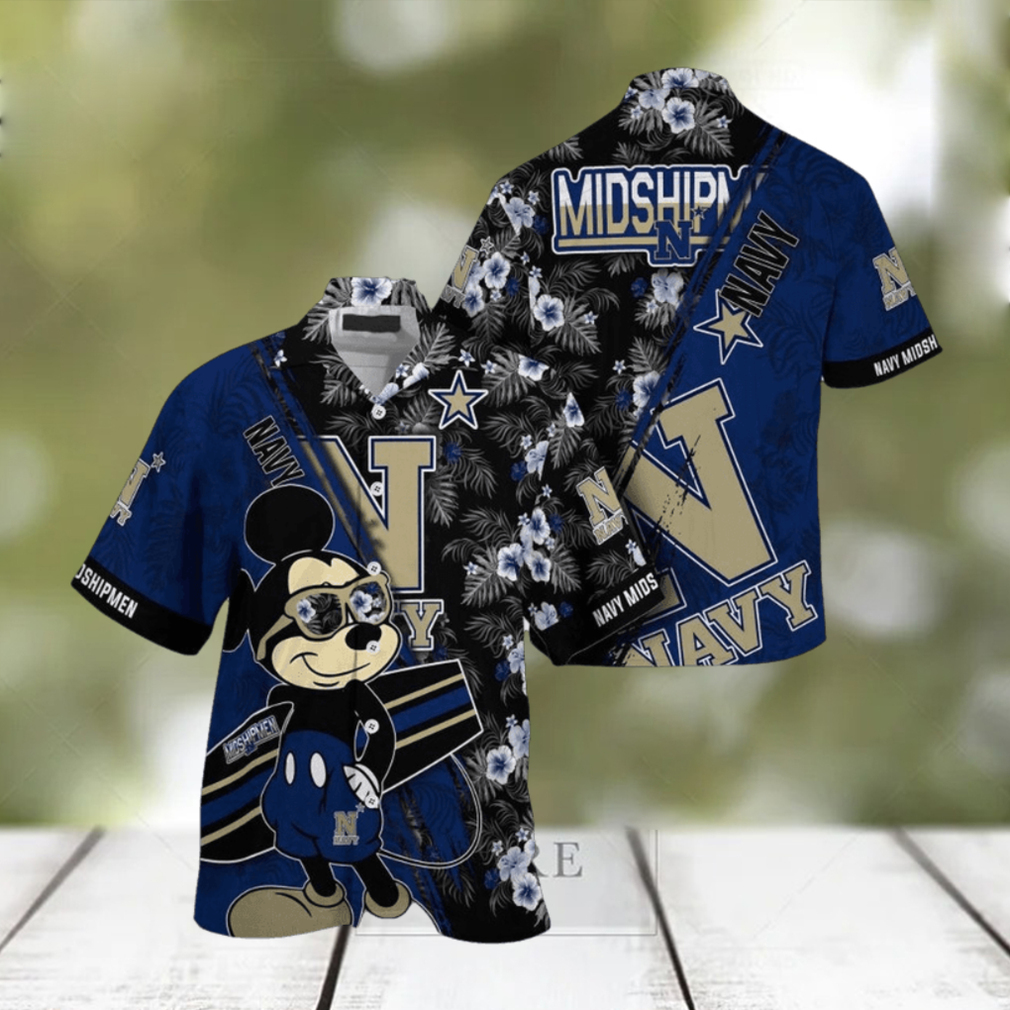 NCAA Navy Midshipmen Hawaiian Shirt Mickey And Floral Pattern - Limotees