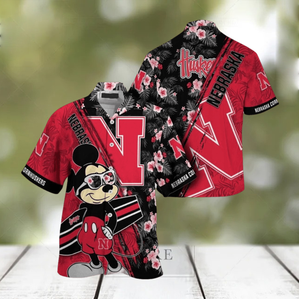 NCAA Nebraska Cornhuskers Hawaiian Shirt Mickey And Floral Pattern - Limotees