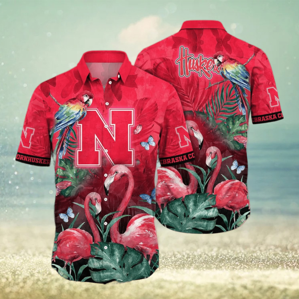 NCAA Nebraska Cornhuskers Hawaiian Shirt Pink Flamingo And Palm Leaves - Limotees