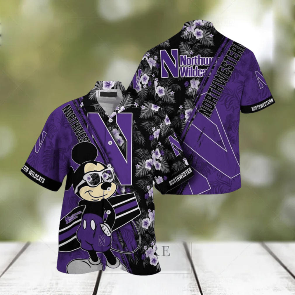 NCAA Northwestern Wildcats Hawaiian Shirt Mickey And Floral Pattern - Limotees