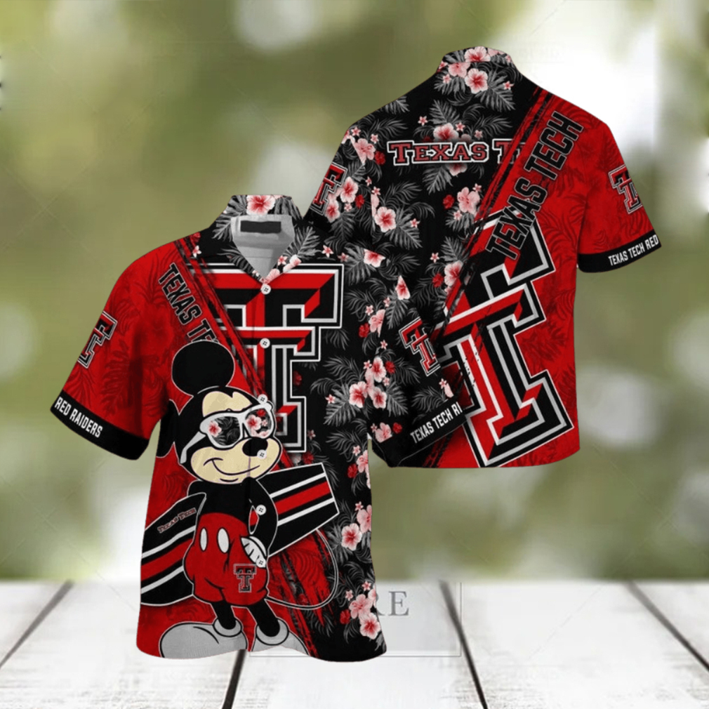 NCAA Texas Tech Red Raiders Hawaiian Shirt Mickey And Floral Pattern - Limotees