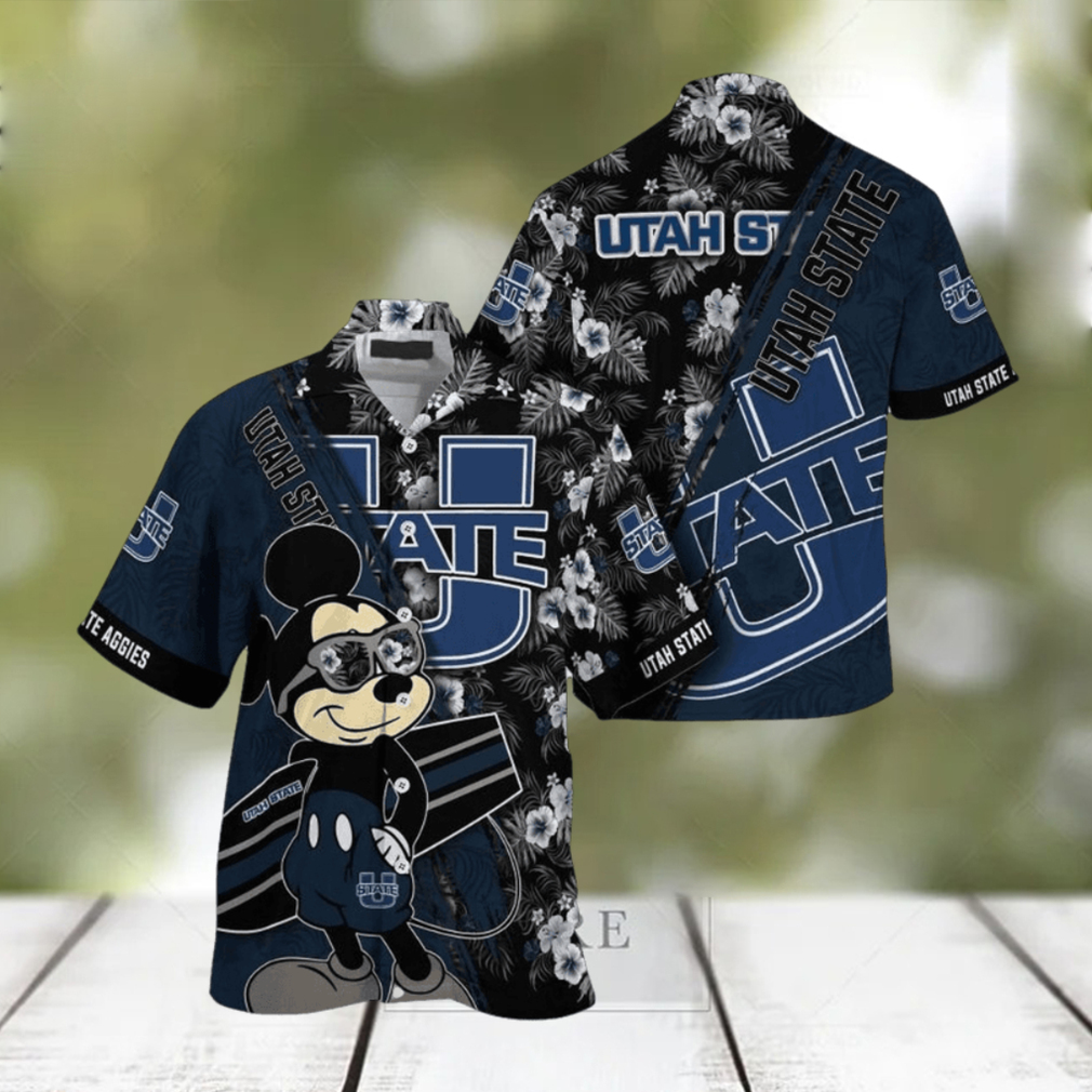 NCAA Utah State Aggies Hawaiian Shirt Mickey And Floral Pattern - Limotees