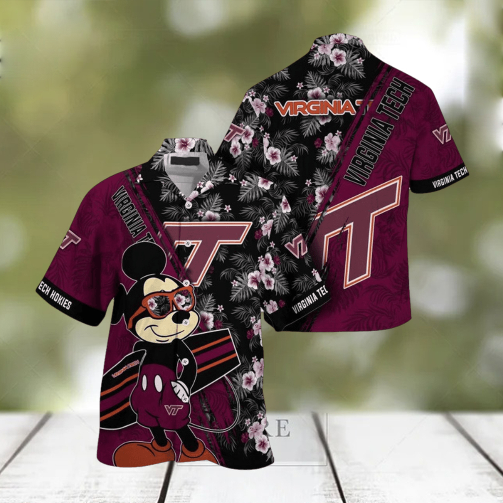 NCAA Virginia Tech Hokies Hawaiian Shirt Mickey And Floral Pattern - Limotees