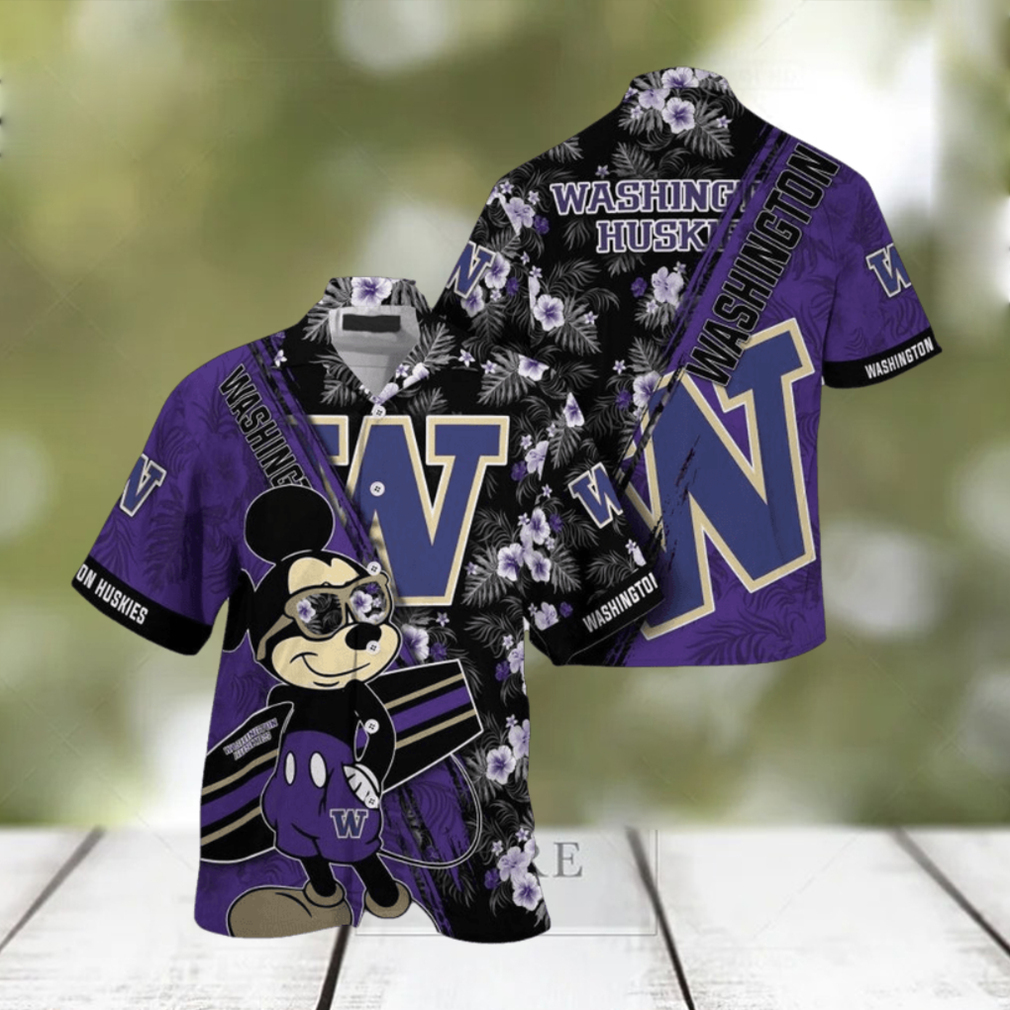 NCAA Washington Huskies Hawaiian Shirt Mickey And Floral Pattern - Limotees