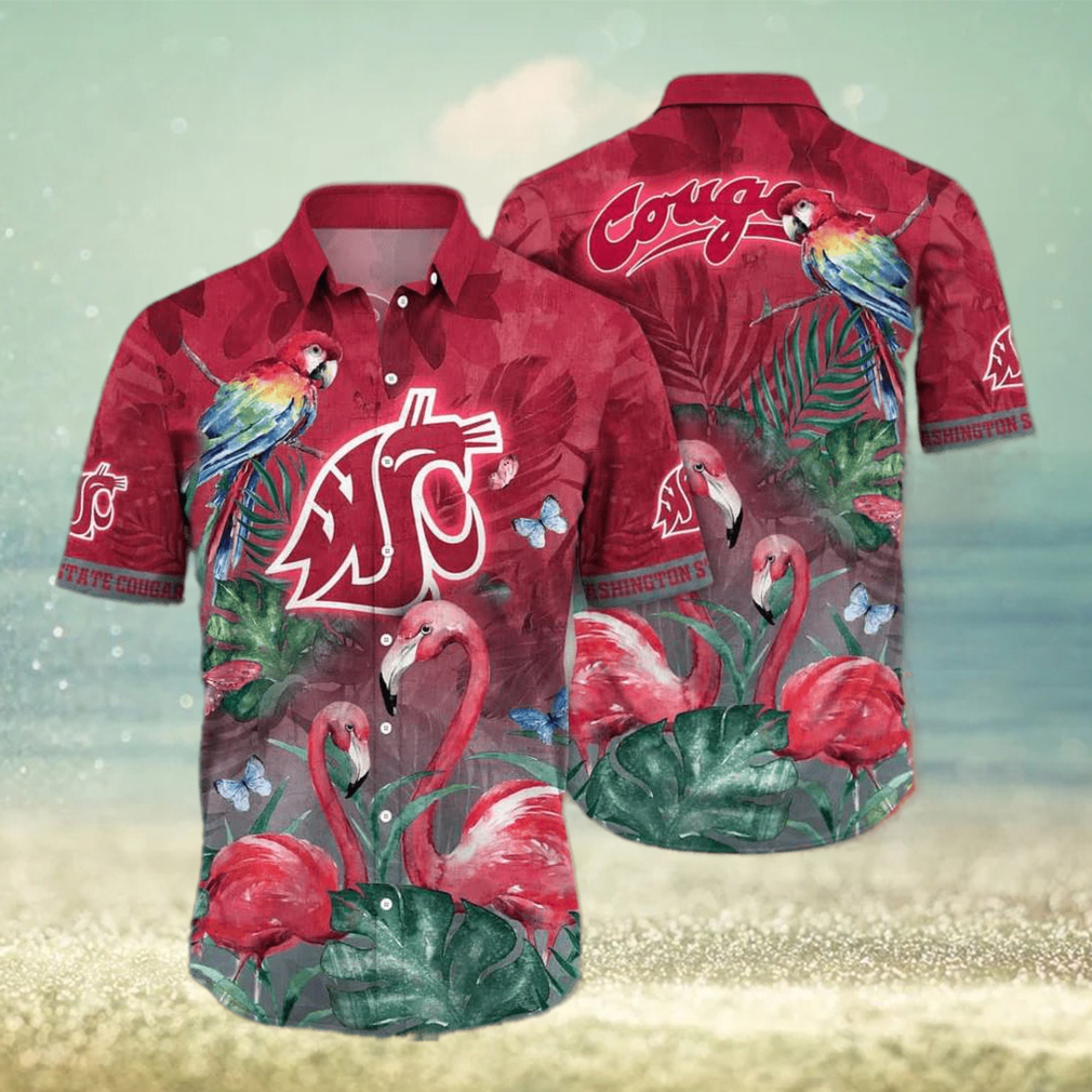 NCAA Washington State Cougars Hawaiian Shirt Aloha Shirt Pink Flamingo And Palm Leaves - Limotees