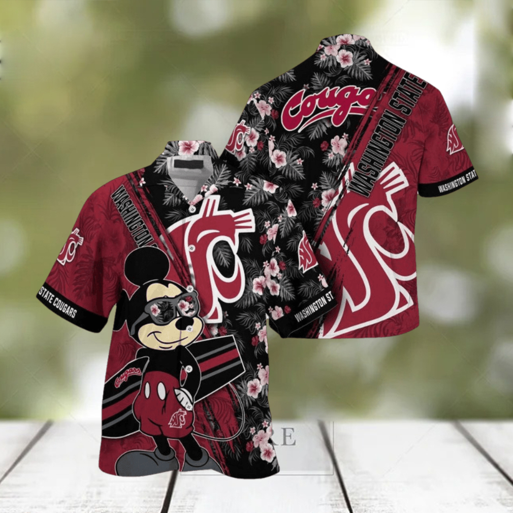 NCAA Washington State Cougars Hawaiian Shirt Mickey And Floral Pattern - Limotees