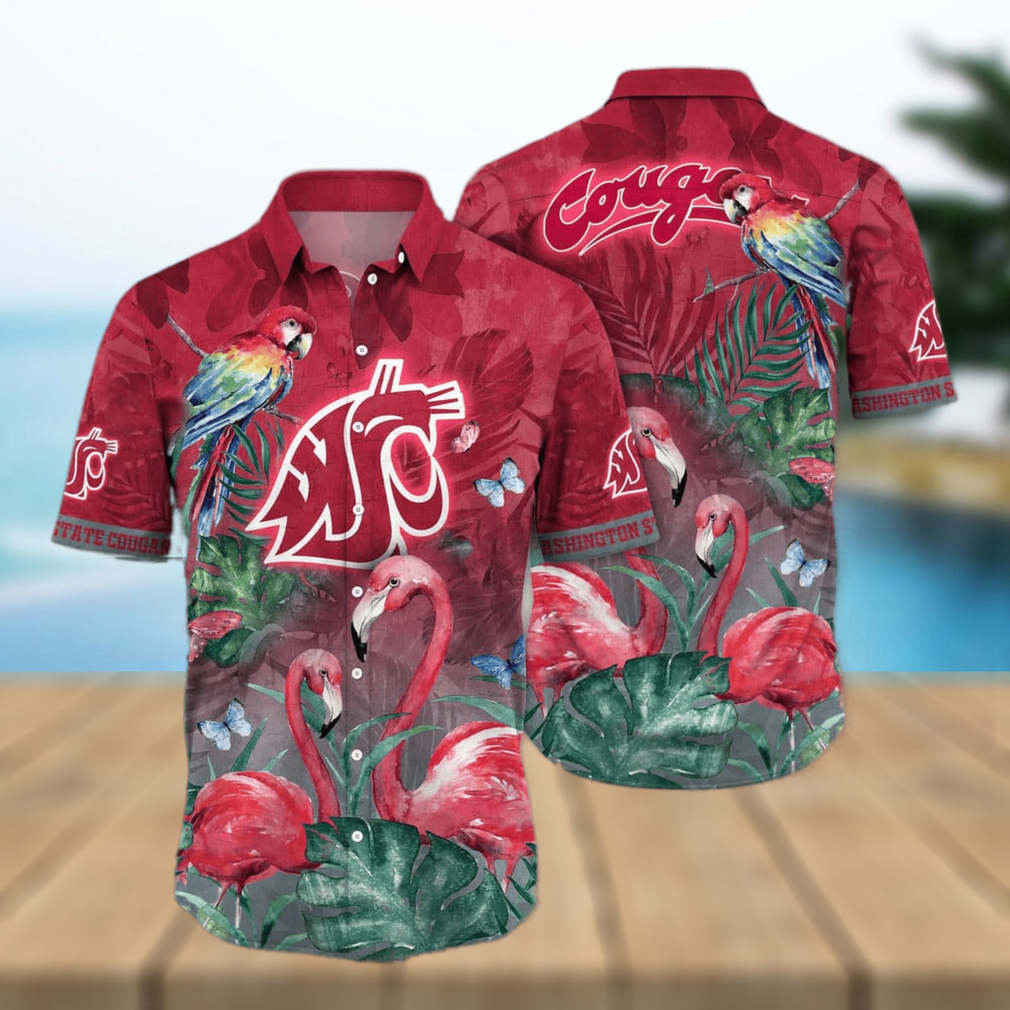 NCAA Washington State Cougars Hawaiian Shirt Pink Flamingo And Palm Leaves - Limotees