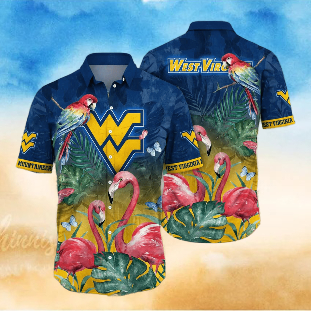 NCAA West Virginia Mountaineers WVU Hawaiian Shirt Pink Flamingo And Palm Leaves - Limotees