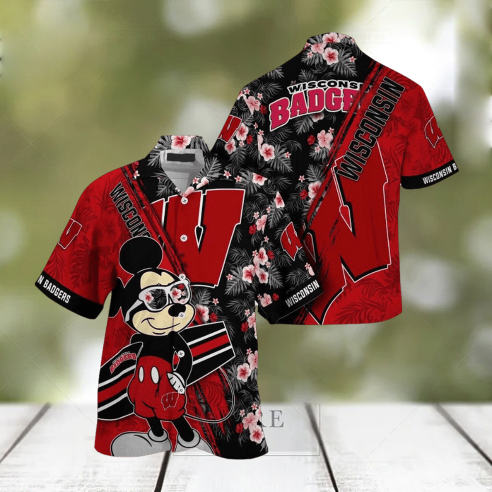 NCAA Wisconsin Badgers Hawaiian Shirt Mickey And Floral Pattern - Limotees