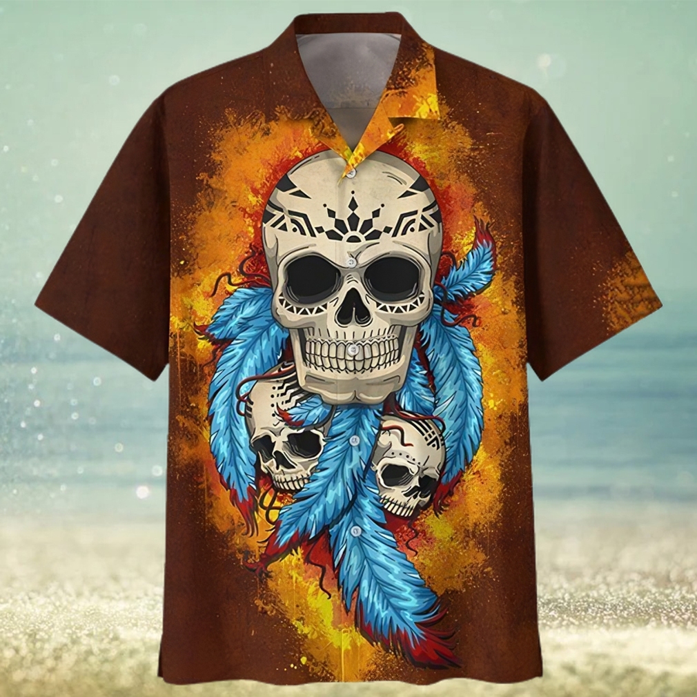 Native Skull Blue Feather Brown Hawaiian Shirt - Limotees