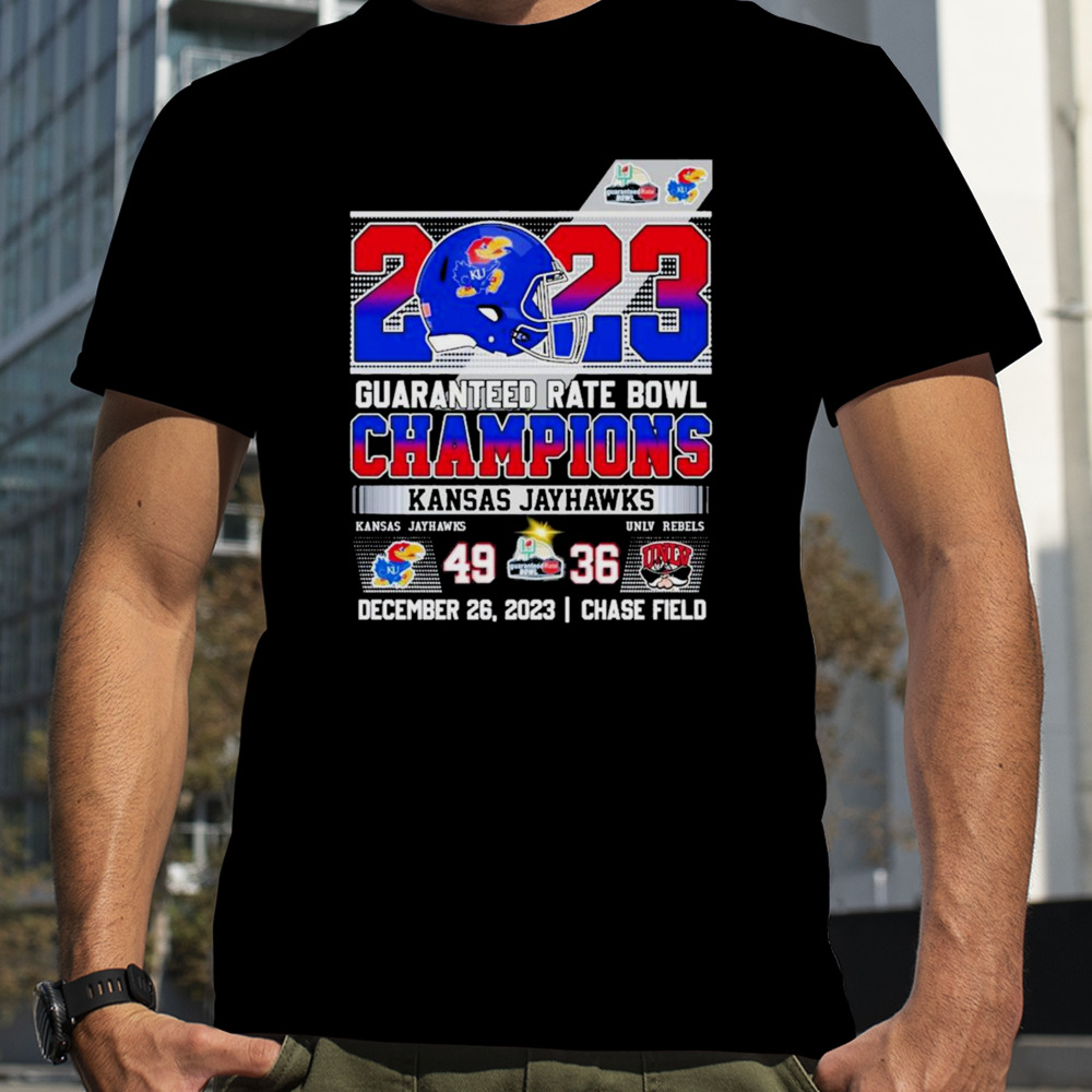 Kansas Jayhawks Guaranteed 2023 Rate Bowl Champions Rock Chalk 49 36 UNLV Rebels shirt