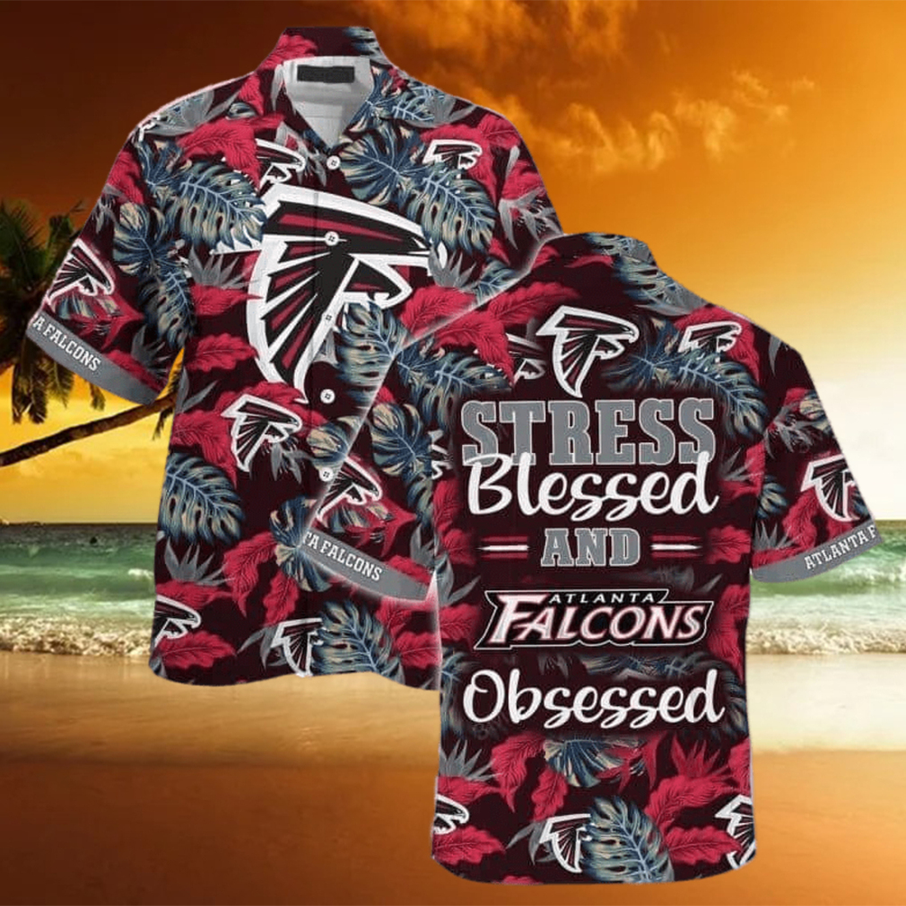 NFL Atlanta Falcons Hawaiian Shirt Stress Blessed Obsessed Tropical Palm Leaves Pattern - Limotees