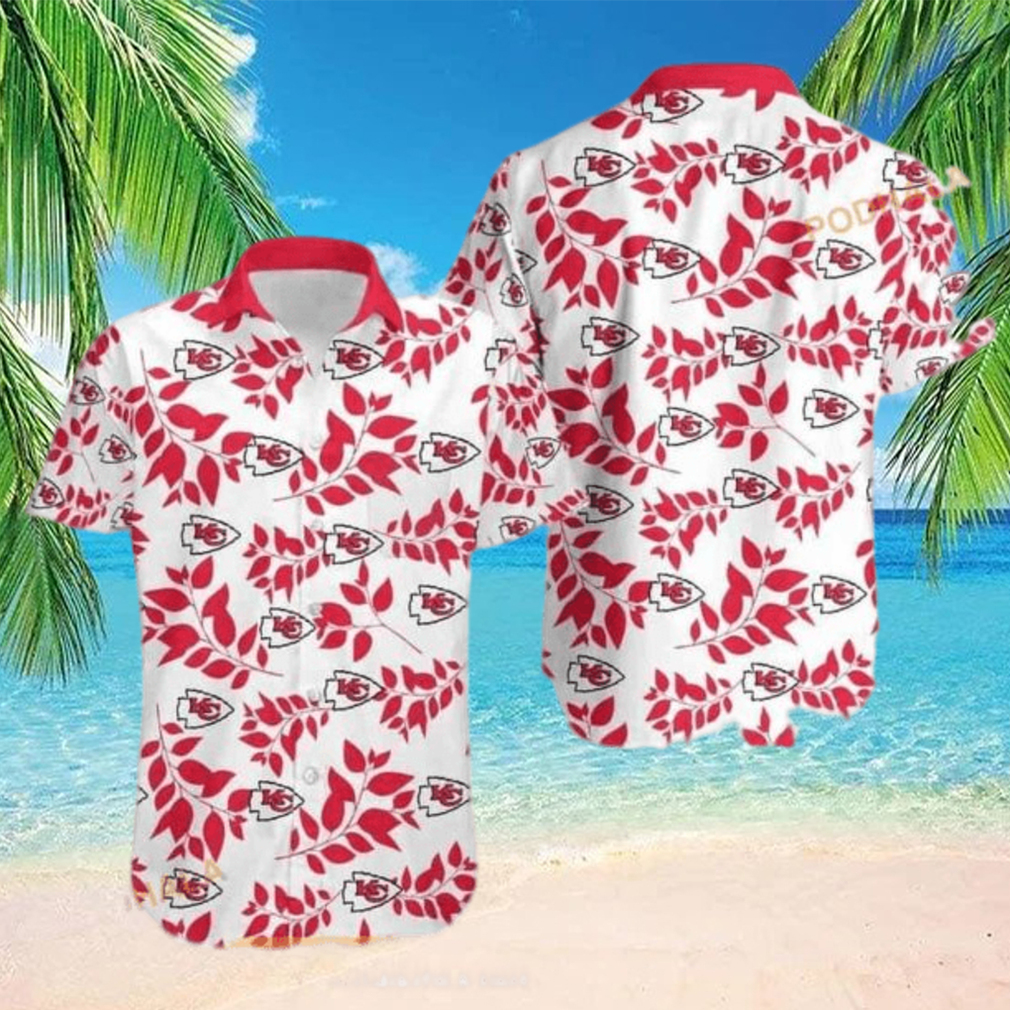 NFL Kansas City Chiefs Hawaiian Shirt Leaves Pattern White Aloha - Limotees