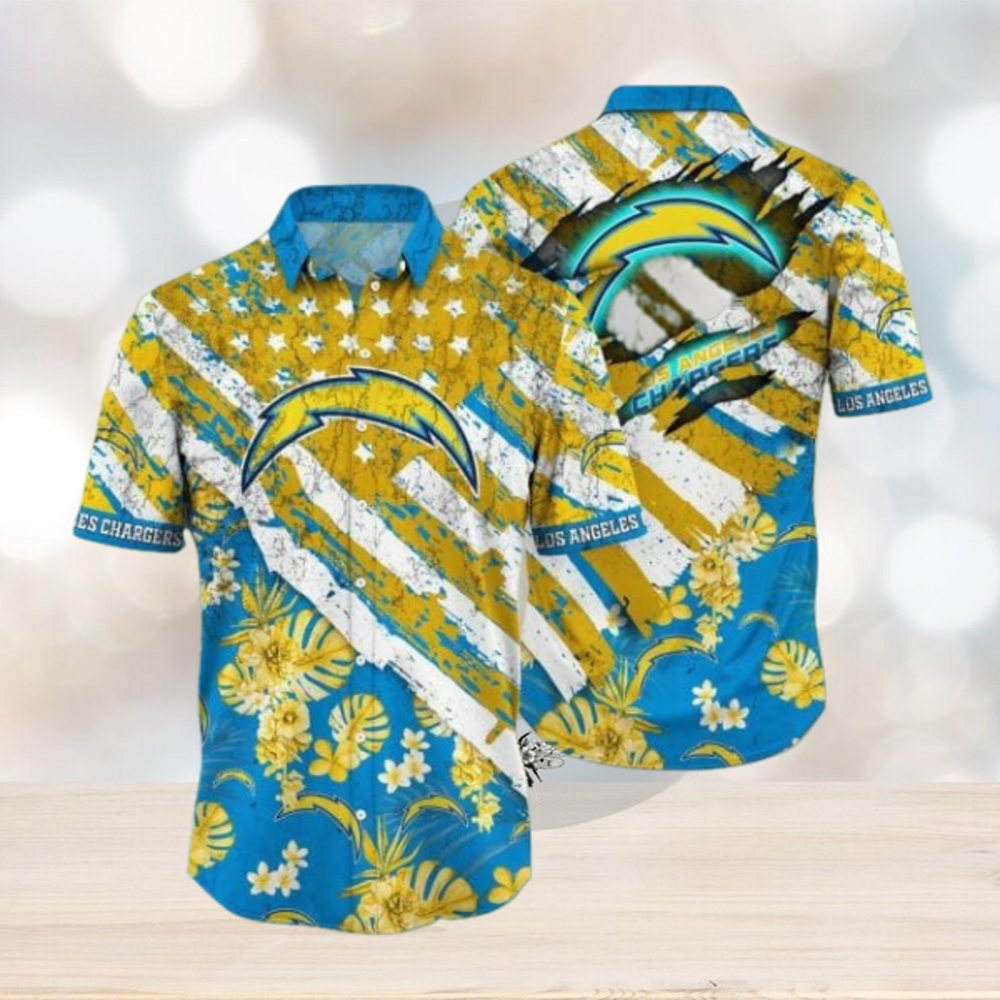 NFL Los Angeles Chargers Gold Flowers Blue Hawaiian Shirt V2 - Limotees