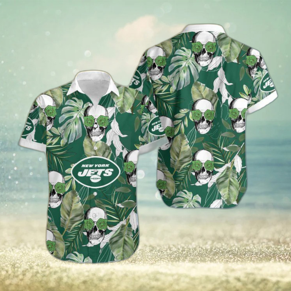 New York Jets Coconut Leaves Skull With Rose Eyes Hawaiian Shirt Gift For Halloween - Limotees