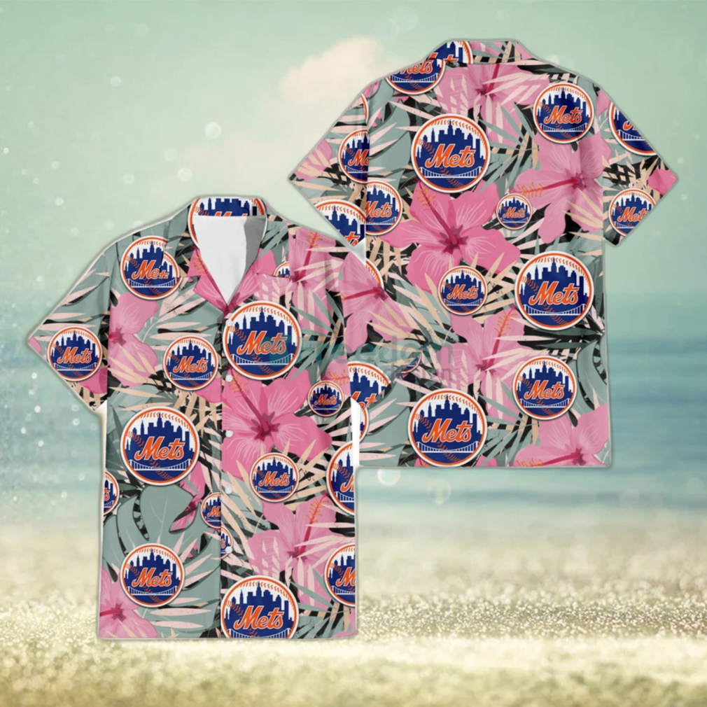 New York Mets Light Pink Hibiscus Pale Green Leaf Black Background 3D Hawaiian Shirt Gift For Fans - Limotees