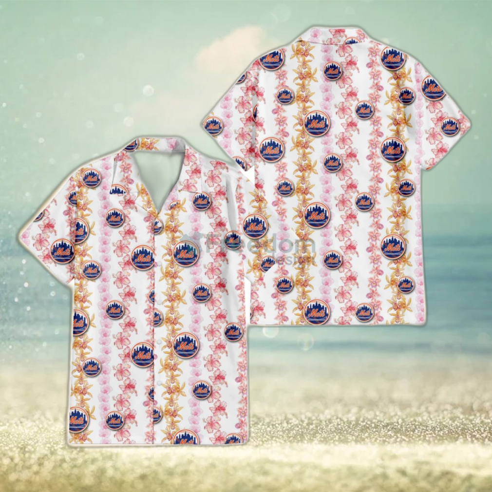 New York Mets Pink Hibiscus Yellow Pink Orchid White Background 3D Hawaiian Shirt Gift For Fans - Limotees