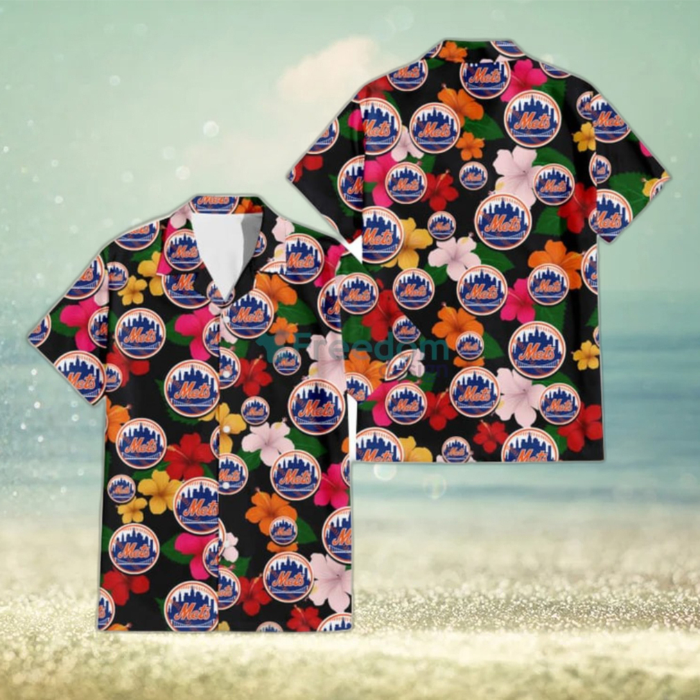 New York Mets Pink Orange Yellow White Hibiscus Black Background 3D Hawaiian Shirt Gift For Fans - Limotees