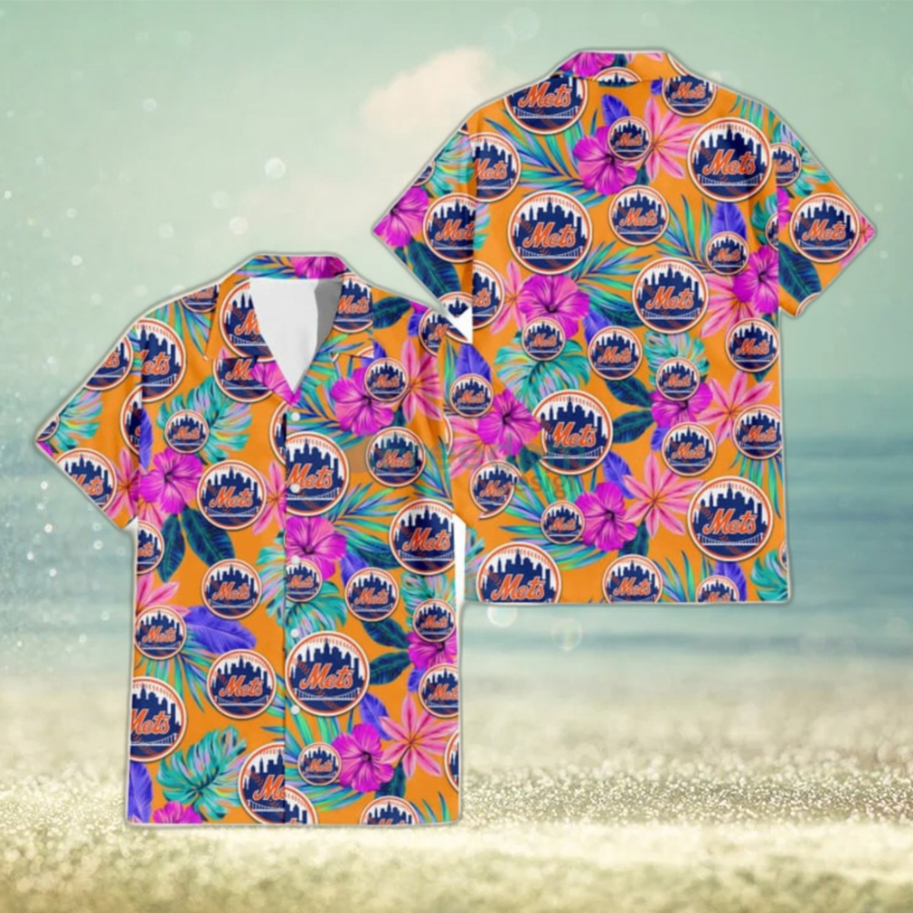 New York Mets Purple Hibiscus Neon Leaf Orange Background 3D Hawaiian Shirt Gift For Fans - Limotees