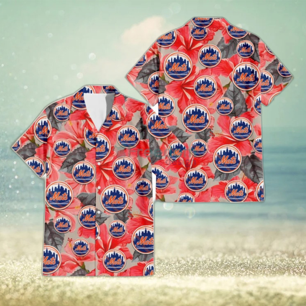 New York Mets Red Hibiscus Gray Leaf Beige Background 3D Hawaiian Shirt Gift For Fans - Limotees