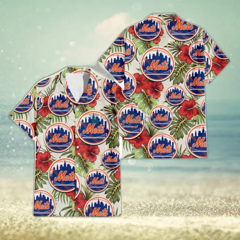 New York Mets Red Hibiscus Green Tropical Leaf Cream Background 3D Hawaiian Shirt Gift For Fans - Limotees