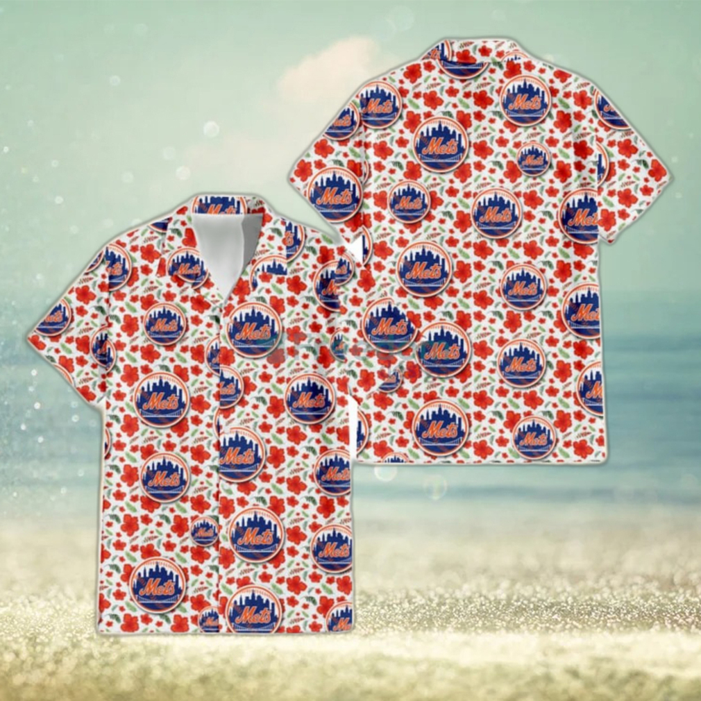 New York Mets Tiny Red Hibiscus Green Leaf White Cube Background 3D Hawaiian Shirt Gift For Fans - Limotees