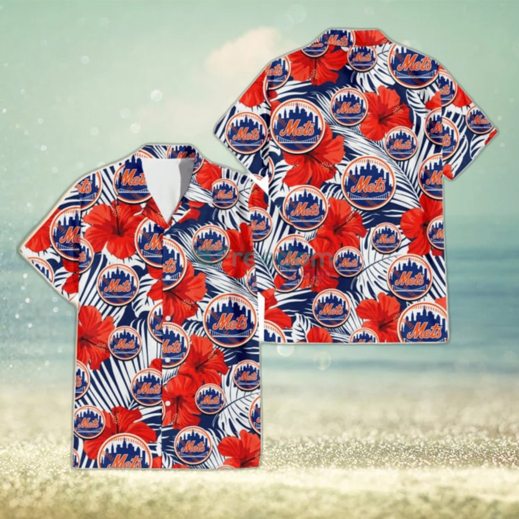 New York Mets White Tropical Leaf Red Hibiscus Navy Background 3D Hawaiian Shirt Gift For Fans - Limotees