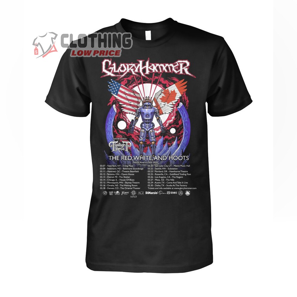 Gloryhammer Red White And Hoots Tour 2024 Merch, Gloryhammer US Tour 2024 Shirt, Gloryhammer Red White And Hoots North America Tour T-Shirt